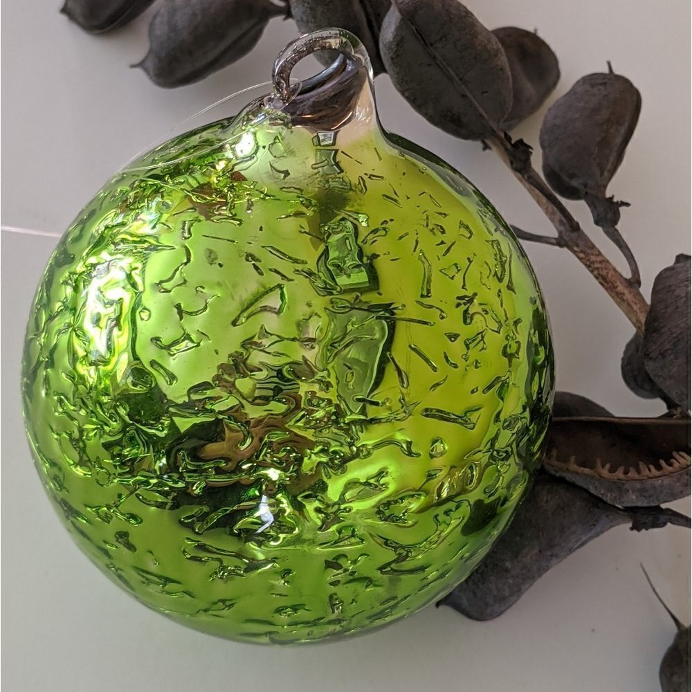 Crate&Barrel Green Textured Blown  Glass 3" Ball Christmas Ornament
